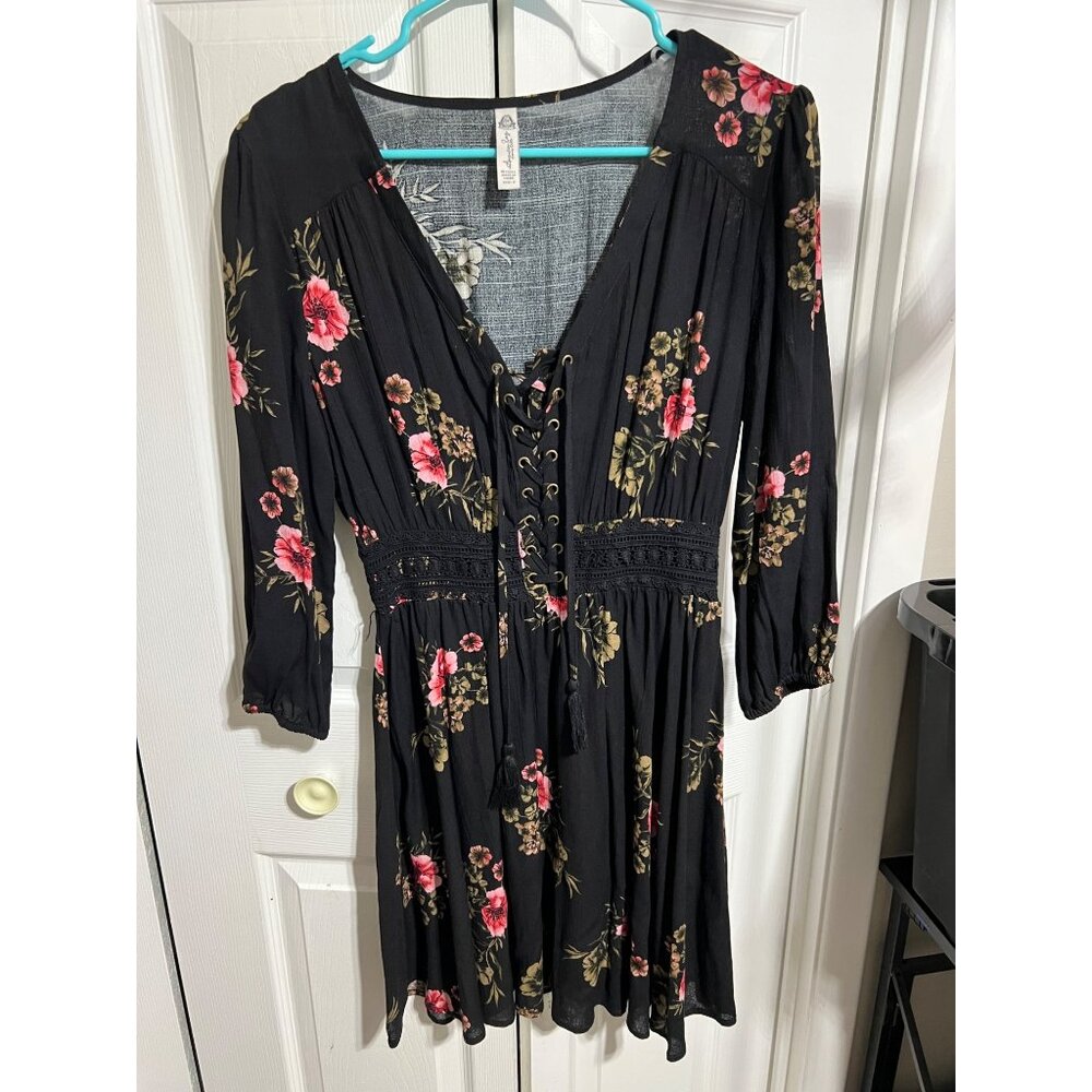 Black Floral Lace-Up Smocked Waist Dress By American Rag Size S 3/4 Sleeve 100%